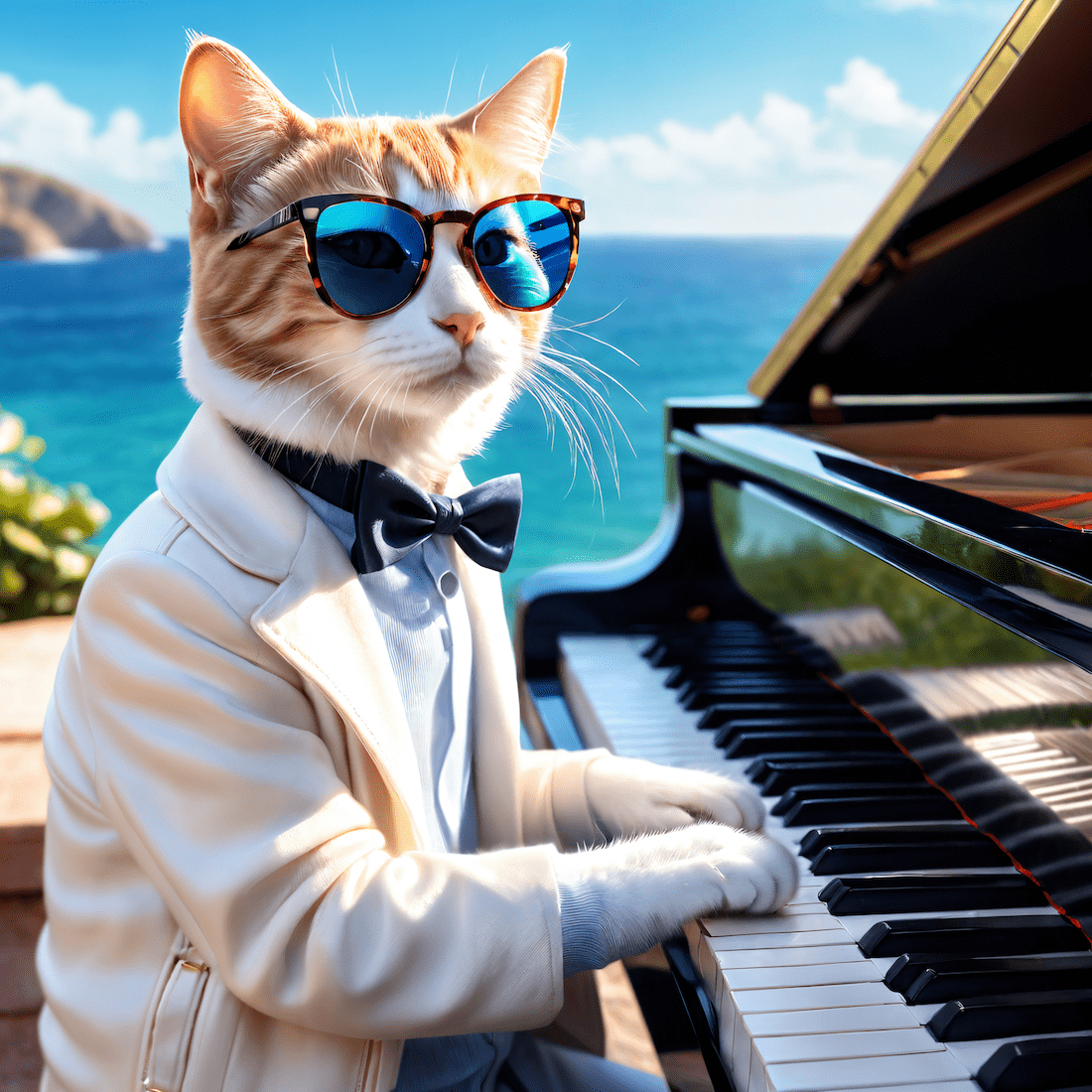 Un chat bien habillé avec des lunettes de soleil qui joue du piano sur la plage