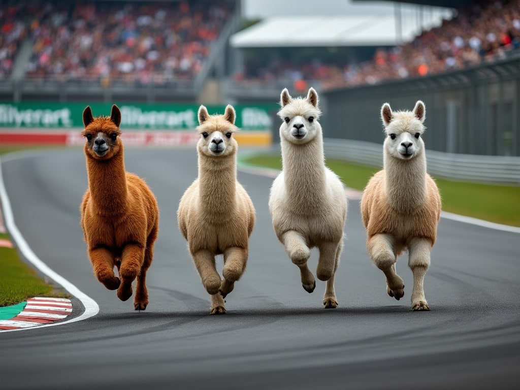 Des lamas courant sur une piste de Formule 1