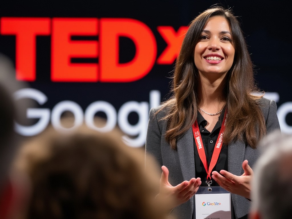 Une photo ultra-réaliste d'une femme avec un badge Google parlant à une conférence TEDx